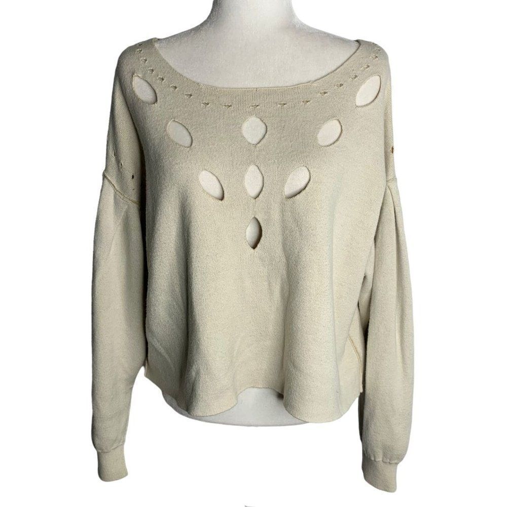 Wildfox Sample Cropped Sweater S Beige Distressed Exposed Seams Pleated Sleeves